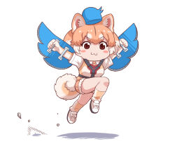 Rule 34 | &gt;:), :3, animal ears, arms up, brown eyes, brown hair, chest harness, chibi, closed mouth, dog (shiba inu) (kemono friends), dog ears, dog girl, dog tail, elbow gloves, full body, gloves, harness, hat, jumping, kemono friends, light brown hair, medium hair, metamimi, multicolored hair, necktie, outstretched arms, shirt, shoes, short sleeves, shorts, smile, socks, spread arms, sweater vest, tail, twitter, v-shaped eyebrows, white hair
