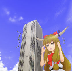 Rule 34 | &gt;:&lt;, 1girl, :&lt;, ^^^, bad id, bad pixiv id, building, chestnut mouth, closed mouth, crack, destruction, female focus, giant, giantess, horns, ibuki suika, kuro oolong, open mouth, skyscraper, solo, touhou, v-shaped eyebrows