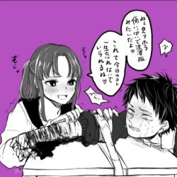 Rule 34 | 1boy, 1girl, abuse, black hair, blade, blood, blood on arm, blush, crying, cuts, desk, femdom, hiero0301, injury, japanese text, knife, purple background, reverse ryona, speech bubble, torture, translation request, yandere