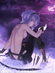 Rule 34 | 1girl, arm support, bare back, bare shoulders, black gloves, black hairband, breasts, cloud, dark-skinned female, dark skin, duplicate, fate/grand order, fate/prototype, fate/prototype: fragments of blue and silver, fate (series), fingerless gloves, from behind, gloves, grass, hairband, hassan of serenity (fate), kunai, looking at viewer, looking back, md5 mismatch, medium breasts, moon, night, night sky, purple eyes, purple hair, resolution mismatch, short hair, sideboob, sitting, sky, solo, source smaller, stirrup legwear, toeless legwear, weapon, yachimoto