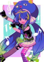 Rule 34 | 1girl, :3, ahoge, aqua background, arm up, asymmetrical legwear, beamed eighth notes, belt, black gloves, black jacket, blonde hair, blue eyes, blue hair, blush, border, clothing cutout, collared shirt, commentary, eel hat, eighth note, facial tattoo, fang, feet out of frame, fishnet thighhighs, fishnets, gloves, gradient background, gradient hair, green hair, half-skirt, highres, holding, holding microphone, index finger raised, jacket, keyboard print, looking at viewer, menma (enaic31), microphone, multicolored hair, music, musical note, musical note tattoo, necktie, open clothes, open jacket, otomachi una, otomachi una (spicy), outside border, outstretched arm, outstretched leg, partially fingerless gloves, pink thighhighs, pleated skirt, print thighhighs, purple background, purple necktie, shirt, short sleeves, shoulder cutout, singing, skirt, smile, solo, streaked hair, studded belt, tattoo, thighhighs, treble clef, v-shaped eyebrows, vocaloid, white border, white shirt, white skirt