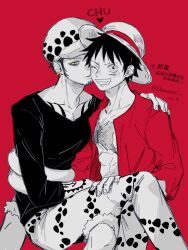 Rule 34 | 2boys, arm tattoo, blush, chest tattoo, crossed legs, demorzel, denim, earrings, facial hair, fur hat, goatee, grin, hat, highres, hug, jeans, jewelry, kiss, kissing cheek, male focus, mixed-language commentary, monkey d. luffy, multiple boys, one eye closed, one piece, pants, red shirt, scar, scar on face, shirt, short hair, sitting, sitting on lap, sitting on person, smile, straw hat, stretched limb, tattoo, trafalgar law, yaoi, yellow eyes