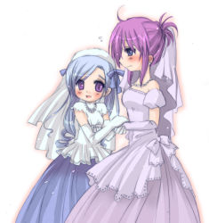 Rule 34 | 00s, 2girls, aria (sister princess), blue hair, blush, bride, chikage (sister princess), dress, elbow gloves, gloves, gradient background, jewelry, multiple girls, necklace, purple hair, sister princess, wedding dress