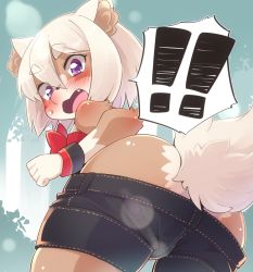 Rule 34 | !, 1girl, ass, dog, female focus, from behind, furry, furry female, highres, looking back, open mouth, purple eyes, short hair, short shorts, shorts, solo, white hair, yuuki (yuyuki000)