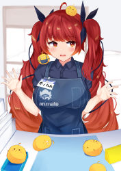 Rule 34 | 1girl, @ @, ahoge, animal, animal on head, apron, azur lane, bird, black ribbon, blue apron, blue shirt, blurry, blurry background, blush, chick, collared shirt, commentary request, depth of field, dress shirt, employee uniform, hair ribbon, hands up, highres, honolulu (azur lane), irohara, long hair, looking away, looking to the side, manjuu (azur lane), on head, open mouth, red eyes, red hair, ribbon, shirt, short sleeves, solo, tears, twintails, uniform, very long hair, wavy mouth