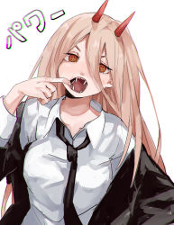 Rule 34 | + +, 1girl, absurdres, black jacket, blonde hair, chainsaw man, character name, collared shirt, commentary request, cross-shaped pupils, demon horns, fangs, finger in own mouth, hair between eyes, highres, horns, jacket, kani nyan, long hair, looking at viewer, mouth pull, necktie, open mouth, power (chainsaw man), red eyes, shirt, solo, symbol-shaped pupils, upper body, white shirt