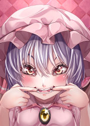 Rule 34 | 1girl, absurdres, blush, breasts, brooch, checkered background, close-up, collared shirt, commentary request, eyebrows hidden by hair, fangs, finger in own mouth, frilled shirt collar, frills, hair between eyes, hat, hat ribbon, highres, jewelry, looking at viewer, lower teeth only, mahoro (minase mahoro), mob cap, mouth pull, open mouth, pink eyes, pink hat, pink shirt, purple hair, red ribbon, remilia scarlet, ribbon, shirt, short hair, short sleeves, small breasts, solo, teeth, touhou, upper teeth only, yellow brooch