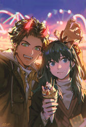 Rule 34 | 1boy, 1girl, :d, absurdres, alzi xiaomi, amusement park, animal ears, antlers, black hair, blue eyes, blurry, blurry background, braid, brown hair, brown jacket, byleth (female) (fire emblem), byleth (fire emblem), chromatic aberration, claude von riegan, claw pose, closed mouth, crepe, deer antlers, deer ears, earrings, fake animal ears, fake horns, fangs, ferris wheel, fire emblem, fire emblem: three houses, food, food on face, fruit, green eyes, highres, holding, holding food, horns, jacket, jewelry, long hair, looking at viewer, nintendo, open mouth, shirt, short hair, signature, smile, teeth, turtleneck, upper body, whipped cream, white shirt