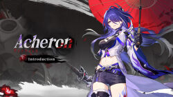 Rule 34 | 1girl, acheron (honkai: star rail), belt, black belt, black gloves, black shorts, breasts, character name, commentary, commentary request, cowboy shot, crop top, gloves, holding, holding sword, holding umbrella, holding weapon, honkai: star rail, honkai (series), leg tattoo, long hair, looking at viewer, medium breasts, midriff, navel, official art, parted lips, purple eyes, purple hair, red umbrella, short shorts, shorts, solo, standing, stomach, sword, tattoo, thighs, umbrella, very long hair, weapon
