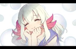 Rule 34 | 1girl, axolotl girl, blue hair, blush, bubble, clenched hands, commentary, english commentary, gradient hair, hands on own chin, highres, lee on, letterboxed, long hair, multicolored hair, nijisanji, nijisanji kr, portrait, silver hair, smile, solo, vinty (einstein chan), virtual youtuber, white background