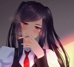 Rule 34 | 1girl, blush, cigarette, collared shirt, holding, holding cigarette, jill stingray, long hair, long sleeves, looking at viewer, necktie, red eyes, red necktie, shirt, smoking, solo, suulore, upper body, va-11 hall-a