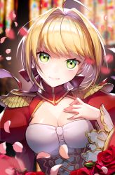 Rule 34 | 10s, 1girl, ahoge, blonde hair, breasts, cleavage, closed mouth, commentary request, epaulettes, fate/extra, fate (series), green eyes, hair intakes, hair ribbon, light smile, looking at viewer, medium breasts, nero claudius (fate), nero claudius (fate) (all), nero claudius (fate/extra), petals, red ribbon, ribbon, riri (artist), short hair, smile, solo, upper body