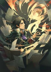Rule 34 | anocurry, blue eyes, book, brown hair, cyrus (octopath traveler), fire, gloves, jewelry, long hair, magic, male focus, necklace, octopath traveler, octopath traveler i, ponytail, short hair, simple background, solo