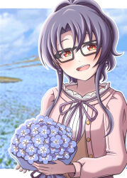 Rule 34 | 1girl, :d, black-framed eyewear, black hair, blue flower, blurry, blurry background, blush, bouquet, brown vest, collarbone, curtained hair, earrings, field, flower, flower earrings, flower field, ganbarai, glasses, highres, holding, holding bouquet, idolmaster, idolmaster million live!, idolmaster million live! theater days, jewelry, lace, lace-trimmed shirt, lace trim, letterboxed, looking at viewer, medium hair, open mouth, outline, outside border, pink shirt, private dress (idolmaster million live!), rectangular eyewear, red eyes, shirt, sidelocks, smile, solo, takayama sayoko, teeth, upper body, upper teeth only, vest, white outline, white shirt