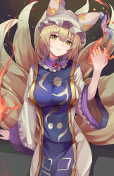 Rule 34 | 1girl, absurdres, animal ears, animal hat, blonde hair, breasts, closed mouth, cowboy shot, dark background, dress, expressionless, fire, fox ears, fox tail, gradient background, hair between eyes, hand up, hat, highres, koizumo, large breasts, looking at viewer, mob cap, multiple tails, pyrokinesis, short hair, simple background, solo, tabard, tail, tassel, touhou, white dress, white hat, yakumo ran, yellow eyes