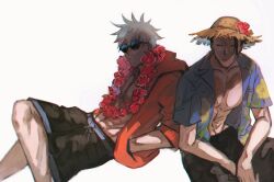 Rule 34 | 2boys, abs, black hair, black shorts, blue shirt, closed mouth, collared shirt, cowboy shot, crossed legs, flower, flower necklace, getou suguru, gojou satoru, hands in pockets, hat, hawaiian shirt, highres, hood, hood down, jacket, jewelry, jujutsu kaisen, lei, male focus, multiple boys, necklace, nul nuno, open clothes, open jacket, open shirt, pectorals, red flower, red jacket, shirt, short hair, short sleeves, shorts, simple background, sitting, sleeves rolled up, straw hat, sunglasses, white background, white hair