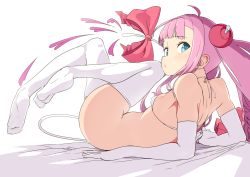 Rule 34 | 1girl, bikini, bikini top only, blue eyes, blunt bangs, bombergirl, bottomless, commentary request, elbow gloves, gloves, hair ornament, halterneck, long hair, looking at viewer, lying, momoko (bombergirl), on back, pink hair, simple background, solo, string bikini, swimsuit, tail, thighhighs, tottotonero, white background, white bikini, white gloves, white thighhighs
