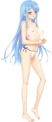 Rule 34 | 1girl, barefoot, bikini, bikini bottom only, bishoujo mangekyou, blue hair, blush, breasts, collarbone, feet, full body, green eyes, hair ornament, hairclip, happoubi jin, highres, large breasts, light blue hair, long hair, navel, nipples, official art, open mouth, own hands together, sawatari shizuku, side-tie bikini bottom, simple background, solo, standing, swimsuit, toes, topless, transparent background