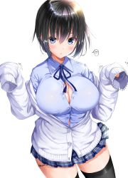 Rule 34 | !, 1girl, arms up, black hair, black thighhighs, blue skirt, blush, breasts, bursting breasts, cardigan, cleavage, closed mouth, collared shirt, commentary request, cowboy shot, hair between eyes, highres, large breasts, long sleeves, looking at viewer, miniskirt, mokufuu, original, plaid, plaid skirt, pleated skirt, purple eyes, purple shirt, school uniform, shirt, short hair, simple background, skirt, solo, spoken exclamation mark, standing, thigh gap, thighhighs, thighs, uniform, white background, white cardigan, zettai ryouiki