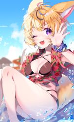 Rule 34 | 1girl, ;d, absurdres, animal ear fluff, animal ears, antenna hair, bare legs, bikini, black hair, blonde hair, blue sky, blurry, blurry background, breasts, brown bikini, cleavage, cloud, cloudy sky, commentary, crop top, depth of field, floral print, fox ears, fox girl, hand up, highres, hololive, kio is here, knees up, looking at viewer, medium breasts, multicolored hair, omaru polka, one eye closed, open clothes, open mouth, open shirt, pink hair, print shirt, purple eyes, purple scrunchie, red shirt, scrunchie, shirt, short hair, short sleeves, sidelocks, sitting, sky, smile, solo, star-shaped pupils, star (symbol), streaked hair, swimsuit, symbol-shaped pupils, thighs, tied shirt, virtual youtuber, water drop, waving, wrist scrunchie