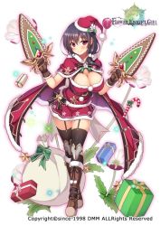 Rule 34 | 1girl, back bow, black bow, black hair, black thighhighs, blush, boots, bow, breasts, brown footwear, candy, candy cane, cape, christmas, cleavage, closed mouth, dagger, dual wielding, flower, flower knight girl, food, full body, fur trim, gift, hat, holding, holding weapon, jamadhar, knee boots, knife, large breasts, looking at viewer, name connection, night phlox (flower knight girl), object namesake, official art, red cape, red eyes, red hat, red skirt, santa costume, santa hat, short hair, skirt, smile, solo, sparkle, standing, thigh strap, thighhighs, thighhighs under boots, utsurogi akira, weapon, white bow, zettai ryouiki