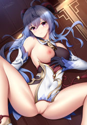 Rule 34 | ahoge, bare shoulders, bell, black gloves, blue hair, blush, cleft of venus, closed mouth, cowbell, detached sleeves, flower knot, from above, ganyu (genshin impact), genshin impact, gloves, goat horns, gold trim, highres, horns, looking at viewer, low ponytail, lying, nipples, on back, one breast out, purple eyes, pussy, smile, solo, spread legs, uncensored, wsman