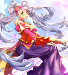 Rule 34 | 1girl, alternate costume, blue eyes, breasts, cleavage, detached sleeves, dress, female focus, frilled sleeves, frills, gloves, gradient background, hair ornament, hair rings, hairband, heart, heart hair ornament, highres, large breasts, league of legends, long dress, long hair, looking at viewer, nal (nal&#039;s pudding), outdoors, silver hair, sitting, sky, solo, sona (league of legends), sweetheart sona, twintails, very long hair, white gloves