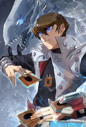 Rule 34 | absurdres, arm belt, aura, blue-eyes white dragon, blue eyes, brown hair, card, closed mouth, coat, deck, deck of cards, dragon, duel disk, fingernails, glowing, glowing eyes, hair between eyes, highres, holding, holding card, ikuyoan, jewelry, kaiba seto, necklace, open clothes, open coat, open mouth, sharp teeth, signature, teeth, white coat, yu-gi-oh!, yu-gi-oh! duel monsters