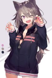 Rule 34 | 1girl, animal ears, claw pose, eyes visible through hair, fangs, female focus, grey hair, hood, hooded jacket, jacket, long hair, looking at viewer, nail polish, one eye closed, original, partially unzipped, pink nails, purple eyes, shugao, solo, tail, wolf ears, wolf tail