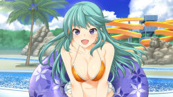 Rule 34 | 10s, 1girl, akinashi yuu, ao no kanata no four rhythm, ao no kanata no four rhythm -es-, bare arms, bare shoulders, bikini, blush, breasts, breasts squeezed together, cleavage, cloud, day, floating hair, game cg, green hair, hanasaki kyouka, happy, innertube, large breasts, leaning forward, long hair, looking at viewer, navel, open mouth, outdoors, palm tree, pool, purple eyes, sky, smile, solo, standing, suzumori, swim ring, swimsuit, tree, upper body, water