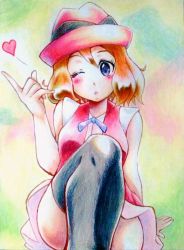 Rule 34 | 1girl, :o, black thighhighs, blowing kiss, blue eyes, blue ribbon, blush, breasts, commentary request, creatures (company), dress, eyelashes, fedora, game freak, hat, heart, light brown hair, looking at viewer, neck ribbon, nintendo, pink dress, pink hat, pokemon, pokemon (anime), pokemon xy (anime), ray 0 zero, ribbon, serena (pokemon), short hair, sleeveless, sleeveless duster, solo, thighhighs