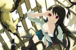 Rule 34 | 1girl, animal, bad id, bad pixiv id, black hair, black thighhighs, breasts, cleavage, collarbone, downblouse, fence, from above, front-tie top, hairband, harano, long hair, original, red eyes, shirt, shorts, sitting, smile, solo, thighhighs, tied shirt