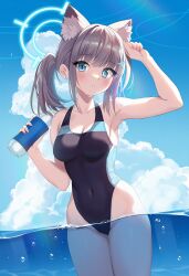 Rule 34 | 1girl, animal ear fluff, animal ears, arm up, bare arms, bare shoulders, black one-piece swimsuit, blue archive, blue eyes, blue sky, blush, bottle, breasts, chobi (penguin paradise), cleavage, cloud, collarbone, commentary request, covered navel, day, earrings, grey hair, groin, highres, holding, holding bottle, jewelry, looking at viewer, medium breasts, one-piece swimsuit, outdoors, parted lips, shiroko (blue archive), shiroko (swimsuit) (blue archive), sky, solo, stud earrings, swimsuit, water bottle, wet