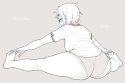 Rule 34 | 1girl, absurdres, ass, barefoot, feet, from behind, full body, glass, glasses, grey background, greyscale, gym shirt, hands on own feet, highres, koeru otoge-san, lineart, monochrome, neyuki rei, otouge azuki, panties, profile, shirt, short hair, sitting, solo, spread legs, stretching, thick eyebrows, thick thighs, thighs, underwear, wide spread legs