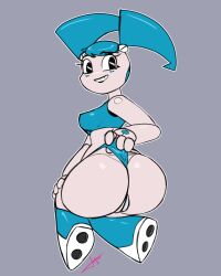 Rule 34 | 1girl, absurdres, android, aqua hair, artist request, ass, ass focus, bare shoulders, black eyes, blue panties, breasts, cleft of venus, colored skin, frontal wedgie, full body, highres, huge ass, jenny wakeman, large breasts, looking back, my life as a teenage robot, panties, panty pull, partially visible vulva, robot, skindentation, smile, solo, thigh gap, thong, twintails, underwear, wedgie, white skin, wide hips