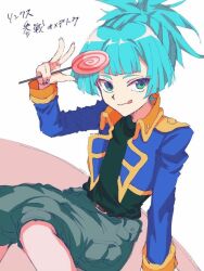 Rule 34 | 1boy, :q, black shirt, blue hair, blue jacket, candy, feet out of frame, food, green eyes, jacket, lollipop, looking at viewer, male focus, ponytail, shirt, shiun&#039;in sora, short hair, sitting, smile, solo, sunanogimo, tongue, tongue out, translation request, yu-gi-oh!, yu-gi-oh! arc-v