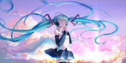 Rule 34 | 1girl, absurdly long hair, absurdres, black skirt, black sleeves, black thighhighs, blue hair, blue necktie, breasts, closed eyes, closed mouth, cloud, collared shirt, commentary, cowboy shot, day, detached sleeves, floating hair, hair ornament, hatsune miku, hatsune miku (vocaloid4), headphones, highres, huge filesize, long hair, long sleeves, miniskirt, necktie, outdoors, own hands clasped, own hands together, pleated skirt, rain (leying2626), shirt, skirt, sleeveless, sleeveless shirt, small breasts, smile, solo, standing, thighhighs, twintails, v4x, very long hair, vocaloid, white shirt, wing collar, zettai ryouiki