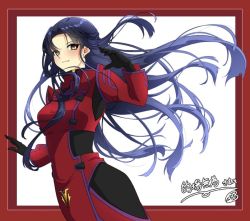 Rule 34 | 1girl, black gloves, blue hair, border, breasts, bright pupils, brown eyes, commission, floating hair, gloves, jacket, kamon rider, looking to the side, medium breasts, military, military uniform, muv-luv, muv-luv alternative, original, outside border, red border, red jacket, skeb commission, smile, solo, uniform, white background, white pupils