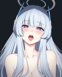 Rule 34 | 1girl, bare shoulders, black background, blue archive, blue hair, blunt bangs, blush, breasts, bright pupils, cleavage, collarbone, halo, head tilt, headgear, highres, large breasts, light blue hair, long hair, looking at viewer, naughty face, neck, noa (blue archive), open mouth, purple eyes, reia 76, simple background, solo, tongue, tongue out, topless, upper body, white halo