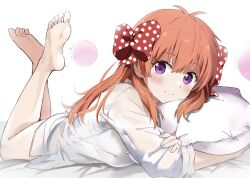 Rule 34 | 1girl, bare legs, barefoot, bed sheet, blush, bow, breasts, closed mouth, commentary, eyelashes, feet, feet up, gekkan shoujo nozaki-kun, hair between eyes, hair bow, head tilt, highres, legs, long hair, long sleeves, looking at viewer, lying, medium breasts, no pants, hugging object, on stomach, orange hair, pillow, pillow hug, purple eyes, rauto, red bow, sakura chiyo, shadow, shirt, sidelocks, sleeves rolled up, smile, soles, solo, the pose, toes, white background, white shirt