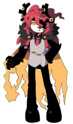 Rule 34 | 1boy, ahoge, canna (kokum0tsu), cape, elbow feathers, eyepatch, facial hair, fang, fingernails, full body, fur-trimmed cape, fur trim, hair between eyes, hand on own hip, highres, horns, humanization, kokum0tsu, long hair, looking down, male focus, monster boy, original, parted lips, pointing, red hair, ripped cape, sharp fingernails, slit pupils, solo, solo focus, stubble, torn cape, torn clothes, white background, yellow eyes