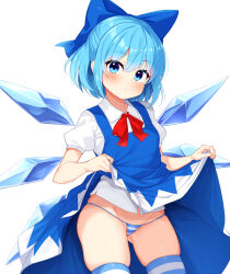 Rule 34 | 1girl, bikini, blue bow, blue dress, blue eyes, blue hair, blue panties, blue thighhighs, blush, bow, cirno, clothes lift, collared shirt, commentary, cowboy shot, daichi (tokoya), detached wings, dress, dress lift, hair bow, highres, ice, ice wings, lifting own clothes, looking at viewer, micro bikini, panties, shirt, short hair, short sleeves, simple background, solo, swimsuit, thighhighs, touhou, underwear, white background, white panties, white shirt, wings