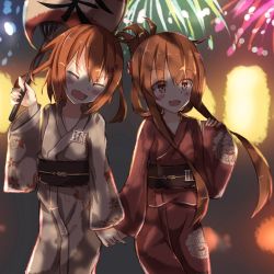 Rule 34 | 2girls, backlighting, bad id, bad pixiv id, brown eyes, brown hair, child, fang, fireworks, hair ornament, hairclip, holding hands, ikazuchi (kancolle), inazuma (kancolle), japanese clothes, kantai collection, kimono, long sleeves, multiple girls, p.k.f, short hair