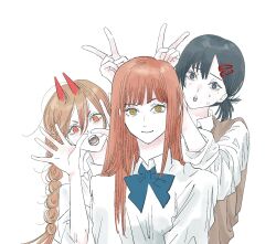 3girls animal_ears black_hair blue_bow blue_bowtie blunt_bangs bow bowtie braid brown_sweater_vest chainsaw_man closed_mouth collared_shirt cross-shaped_pupils demon_girl demon_horns furrowed_brow grey_eyes hair_between_eyes hair_ornament hairclip hands_up higashiyama_kobeni highres horns long_hair looking_at_viewer low_side_ponytail makima_(chainsaw_man) mole mole_under_eye mole_under_mouth multiple_girls needbee_r orange_eyes orange_hair parted_lips power_(chainsaw_man) rabbit_ears red_hair ringed_eyes sharp_teeth shirt smile sweatdrop sweater_vest symbol-shaped_pupils teeth upper_body white_background white_shirt yellow_eyes