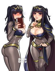 Rule 34 | 1girl, artist name, ass, black cape, black hair, black nails, blunt bangs, blush, blushyspicy, bodysuit, book, breasts, bridal gauntlets, brown bodysuit, brown cape, cape, unworn cape, cleavage, covered navel, finger to mouth, fire emblem, from side, hair ornament, hand up, hands up, highres, holding, holding book, large breasts, long hair, multiple views, nail polish, nintendo, panties, red panties, shoulder pads, shushing, simple background, tharja (fire emblem), two-sided cape, two-sided fabric, two side up, underwear