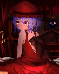 Rule 34 | 1girl, absurdres, alternate costume, backbeard, backless outfit, bare arms, bare shoulders, bat wings, bed, beholder, chest of drawers, curtains, door, drawing (object), dress, facing away, from behind, frown, gegege no kitarou, hachidori tou, hat, hat ribbon, highres, indoors, light purple hair, mob cap, on bed, red dress, red eyes, remilia scarlet, ribbon, short hair, shoulder blades, sitting, solo, touhou, transparent wings, wings