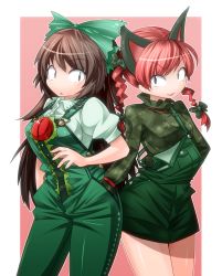 Rule 34 | 2girls, adapted costume, alternate costume, animal ears, bad id, bad pixiv id, black eyes, blush, bow, breasts, brown hair, cat ears, collared shirt, extra ears, green shirt, hair bow, highres, kaenbyou rin, long hair, long sleeves, looking at viewer, multiple girls, overalls, parted lips, pink background, puffy short sleeves, puffy sleeves, red hair, reiuji utsuho, saodake, shiny clothes, shiny skin, shirt, short sleeves, simple background, small breasts, smile, thighs, third eye, touhou, twintails