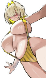 Rule 34 | 1girl, :3, ahoge, ass, bikini, blonde hair, breasts, curvy, elegg (nikke), foreshortening, from below, goddess of victory: nikke, hair intakes, hair over eyes, highres, huge ass, large breasts, leotard, multicolored hair, navel, pinkmill, plump, shiny skin, short hair, simple background, skindentation, solo, swimsuit, thong, thong leotard, two-tone hair, underboob, white background, wide hips, yellow bikini