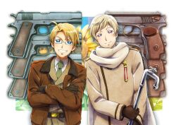 Rule 34 | 2boys, ahoge, america (hetalia), axis powers hetalia, blonde hair, blue eyes, brown gloves, brown jacket, collared shirt, commentary request, crossed arms, eduroku, faucet, flower, gloves, green necktie, grey hair, grin, gun, handgun, holding, holding weapon, jacket, leaning on person, leaning to the side, long sleeves, male focus, military uniform, multiple boys, necktie, parted bangs, purple eyes, russia (hetalia), scarf, shirt, short hair, side-by-side, smile, star (symbol), sunflower, swept bangs, uniform, upper body, weapon, white shirt