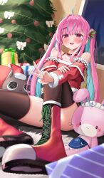 Rule 34 | 1girl, :d, absurdres, ahoge, blue hair, blush, boots, box, choker, christmas, christmas tree, colored inner hair, convenient leg, daran9, gift, gift box, hair ornament, highres, hololive, indoors, knee up, long hair, looking at viewer, minato aqua, multicolored hair, neko (minato aqua), open mouth, pink hair, pink nails, red choker, red shirt, shirt, short sleeves, sitting, smile, solo, stuffed animal, stuffed rabbit, stuffed toy, thighhighs, twintails, two-tone hair, v, very long hair, virtual youtuber